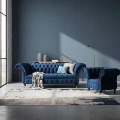 Modrá pohovka Chesterfield od designéra, třímístná látková pohovka a dvoudílné křeslo.