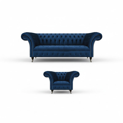 Modrá pohovka Chesterfield od designéra, třímístná látková pohovka a dvoudílné křeslo.