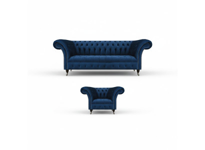 Modrá pohovka Chesterfield od designéra, třímístná látková pohovka a dvoudílné křeslo.
