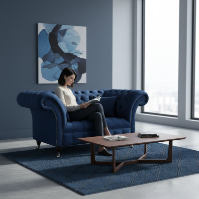 Blauer Chesterfield Zweisitzer Wohnzimmer Polster Sitzmöbel Luxus Couch