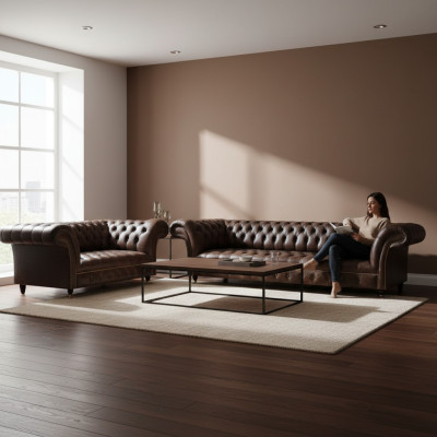 Hnědé Chesterfield pohovky z umělé kůže, designérské pohovky do obývacího pokoje, 2 kusy.