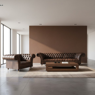 Hnědé Chesterfield pohovky z umělé kůže, designérské pohovky do obývacího pokoje, 2 kusy.