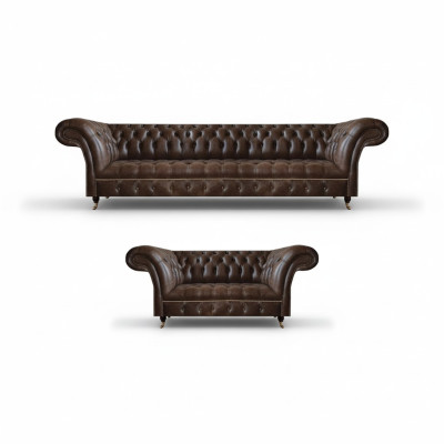 Hnědé Chesterfield pohovky z umělé kůže, designérské pohovky do obývacího pokoje, 2 kusy.