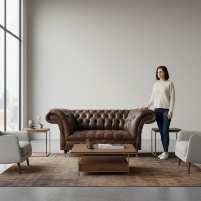 Brauner Chesterfield Leder Zweisitzer Moderne Wohnzimmer Designer Möbel