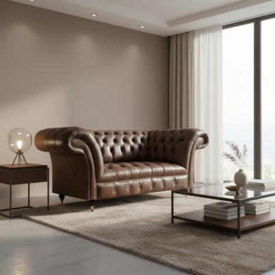 Brauner Chesterfield Leder Zweisitzer Moderne Wohnzimmer Designer Möbel