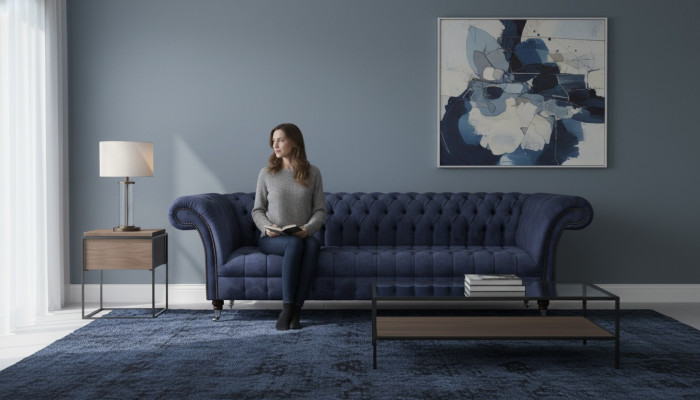 Blaue Chesterfield Sitzmöbel Wohnzimmer Viersitzer Couch Polstersofas