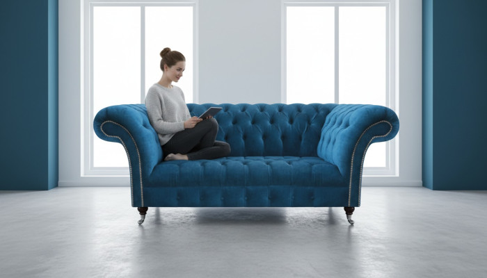 Modrá Chesterfield luxusní pohovka obývací pokoj textilní sedadlo elegantní trojsedák.