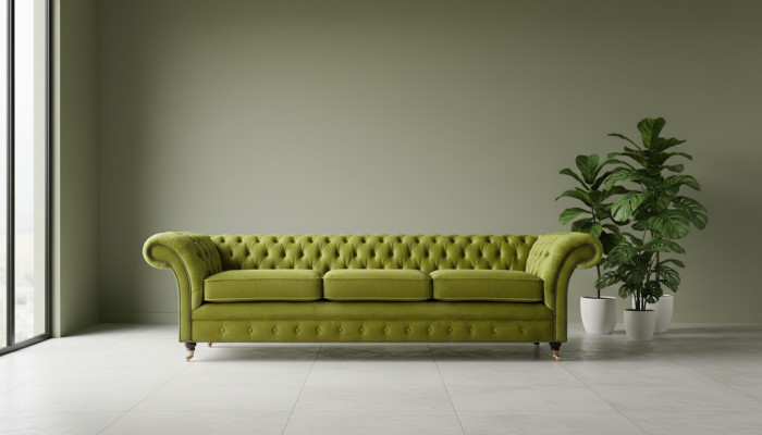 Chesterfield olivově zelená polstrovaná pohovka s funkcí lůžka, pohovka do obývacího pokoje, nábytek.