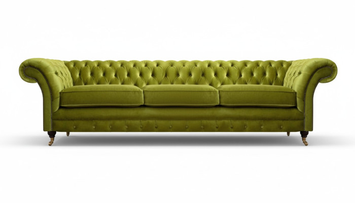 Chesterfield olivově zelená polstrovaná pohovka s funkcí lůžka, pohovka do obývacího pokoje, nábytek.