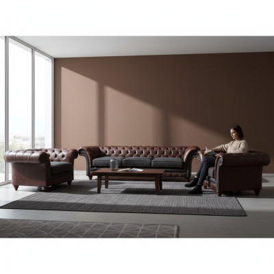 Braun-Graue Chesterfield Sitzgarnitur 2x Ledersessel Dreisitzer 3tlg Set