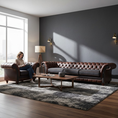 Chesterfield hnědá kožená sedací souprava třímístná, elegantní čalouněné křeslo.