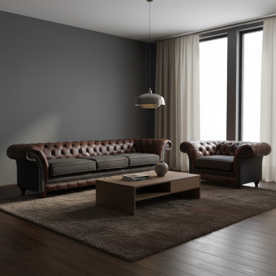 Chesterfield hnědá kožená sedací souprava třímístná, elegantní čalouněné křeslo.