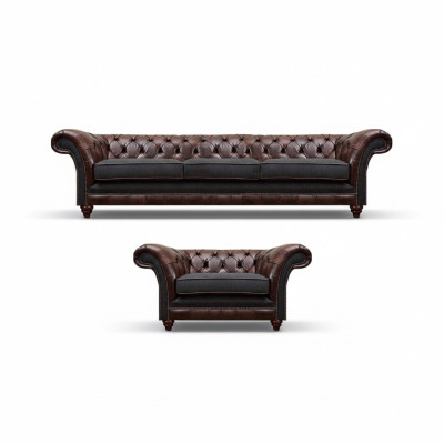 Chesterfield hnědá kožená sedací souprava třímístná, elegantní čalouněné křeslo.