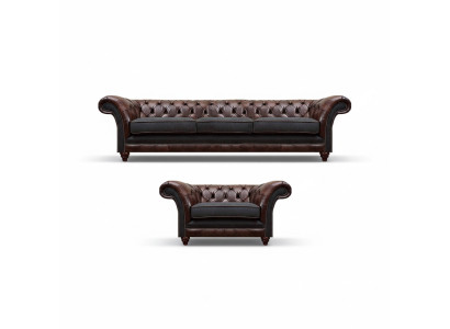 Chesterfield hnědá kožená sedací souprava třímístná, elegantní čalouněné křeslo.