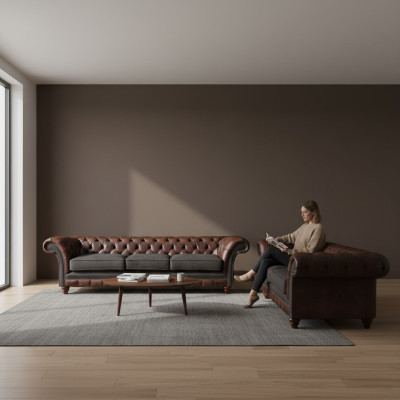 Chesterfield hnědo-šedá sedací souprava do obývacího pokoje Moderní pohovky 2dílná