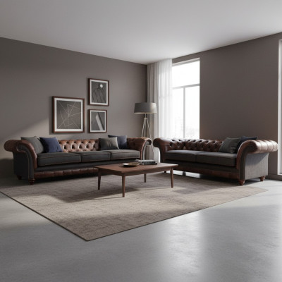 Chesterfield hnědo-šedá sedací souprava do obývacího pokoje Moderní pohovky 2dílná