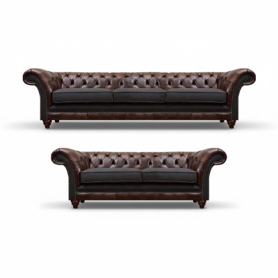 Chesterfield hnědo-šedá sedací souprava do obývacího pokoje Moderní pohovky 2dílná
