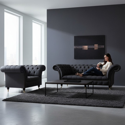 Chesterfield černá látková souprava designérská 3místná pohovka 2dílné čalouněné křeslo