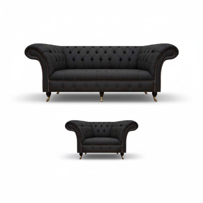 Chesterfield černá látková souprava designérská 3místná pohovka 2dílné čalouněné křeslo