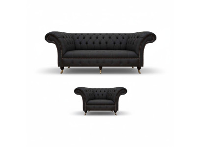 Chesterfield černá látková souprava designérská 3místná pohovka 2dílné čalouněné křeslo