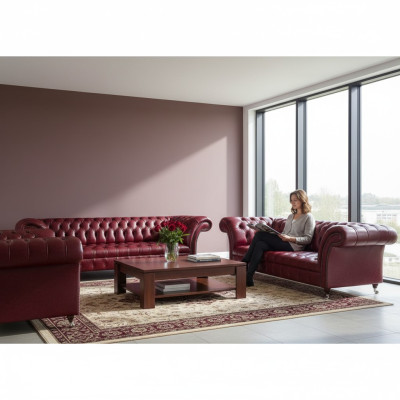 Tmavě červená kožená sedací souprava Chesterfield Designová kožená pohovka Sedací soupravy