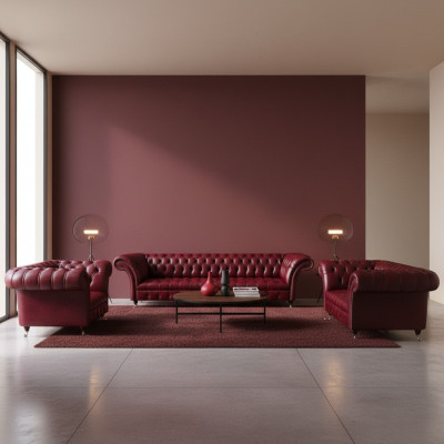 Tmavě červená kožená sedací souprava Chesterfield Designová kožená pohovka Sedací soupravy