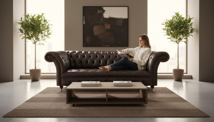 Chesterfield kožený nábytek luxusní trojmístná pohovka obývací pokoj, noblesní gauče.