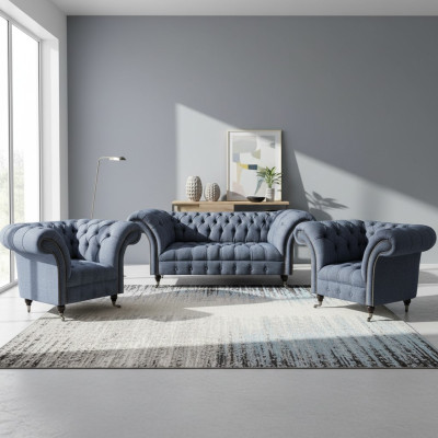 Chesterfield Garnitur Graue Polster Sitzmöbel 2x Lehnsessel Dreisitzer