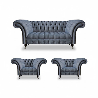 Chesterfield Garnitur Graue Polster Sitzmöbel 2x Lehnsessel Dreisitzer