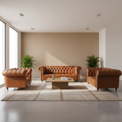 Braune Chesterfield Ledersofas Designer Wohnzimmer Couchen Möbel 3tlg