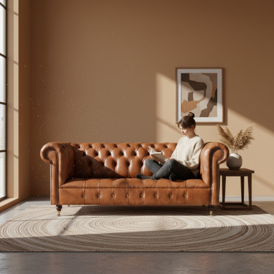 Chesterfield Leder Sitzmöbel Brauner Dreisitzer Wohnzimmer Edle Sofas