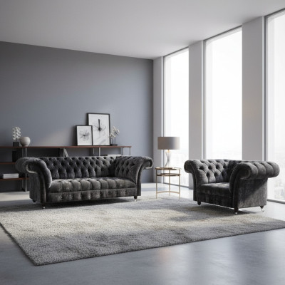 Chesterfield Polstermöbel Wohnzimmer Textil Dreisitzer Edler Sessel 2tlg