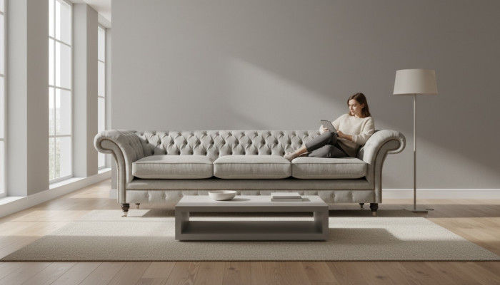 Chesterfield Grauer Dreisitzer Wohnzimmer Polstersofas Designer Couchen