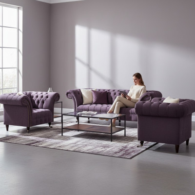 Chesterfield Dunkellila Sofagarnitur Dreisitzer 2x Textil Sessel 3tlg