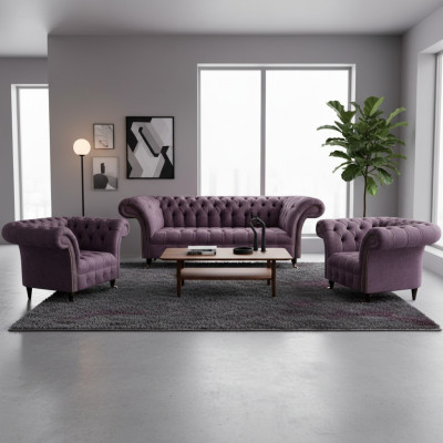 Chesterfield Dunkellila Sofagarnitur Dreisitzer 2x Textil Sessel 3tlg