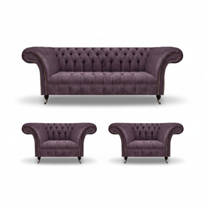 Chesterfield Dunkellila Sofagarnitur Dreisitzer 2x Textil Sessel 3tlg