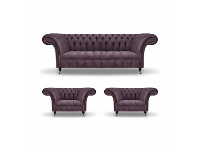 Chesterfield Dunkellila Sofagarnitur Dreisitzer 2x Textil Sessel 3tlg