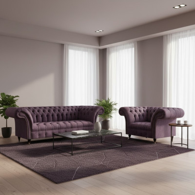 Chesterfield Lila Obývací pokoj Sedačka Luxusní 3místný textilní křeslo