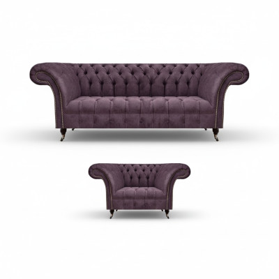 Chesterfield Lila Obývací pokoj Sedačka Luxusní 3místný textilní křeslo