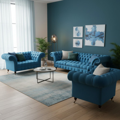 Chesterfield Hellblaue Designer Sitzmöbel Edler 3-Sitzer Zweisitzer 3tlg