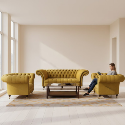Chesterfield Gelbe Sitzgarnitur Designer Dreisitzer Edle Lehnsessel 3tlg