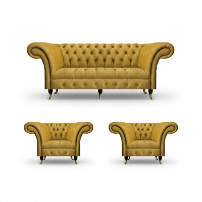 Chesterfield Gelbe Sitzgarnitur Designer Dreisitzer Edle Lehnsessel 3tlg