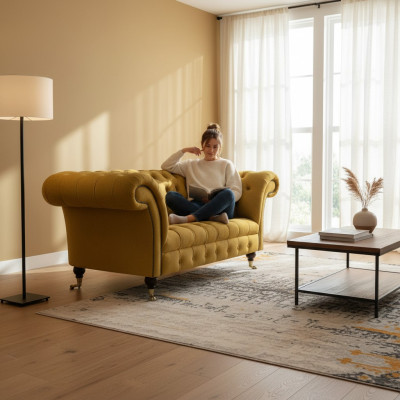 Chesterfield Designer Zweisitzer Sofa Couch Wohnzimmer Luxus Gelb Polstersofa