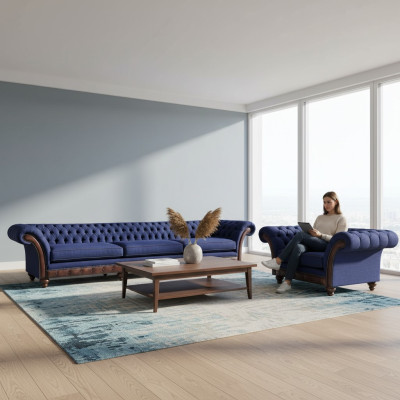 Blaue Chesterfield Polstermöbel Designer 3-Sitzer Sofa Stoffsessel 2tlg