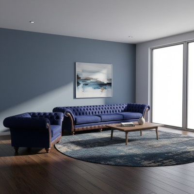 Blaue Chesterfield Polstermöbel Designer 3-Sitzer Sofa Stoffsessel 2tlg