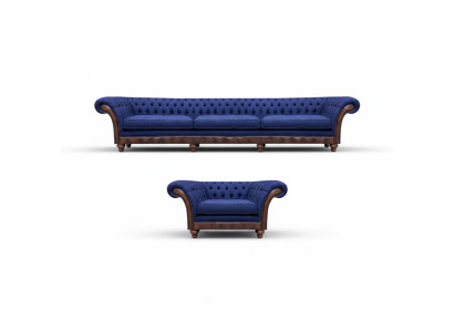 Blaue Chesterfield Polstermöbel Designer 3-Sitzer Sofa Stoffsessel 2tlg