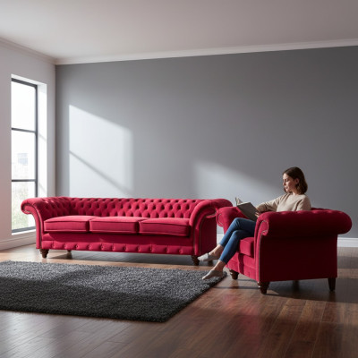 Chesterfield Rote Couchgarnitur Edler Textilsessel Polster Dreisitzer