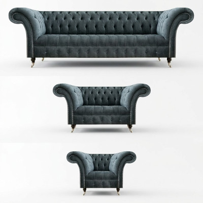 Chesterfield šedá sedací souprava designérské čalouněné pohovky elegantní křeslo.