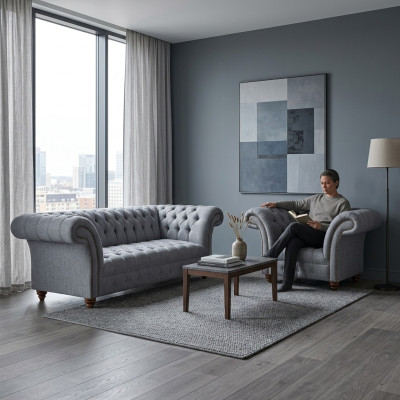 Chesterfield Designer Graue Polstergarnitur Moderne Textilcouchen 2tlg