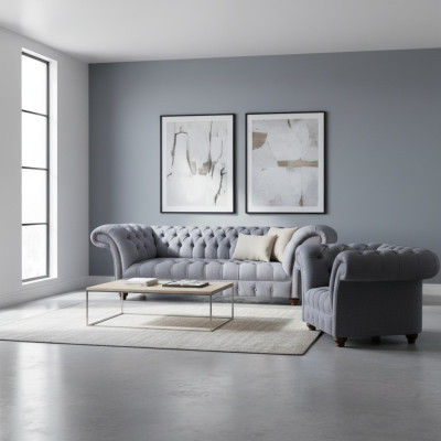 Chesterfield Designer Graue Polstergarnitur Moderne Textilcouchen 2tlg